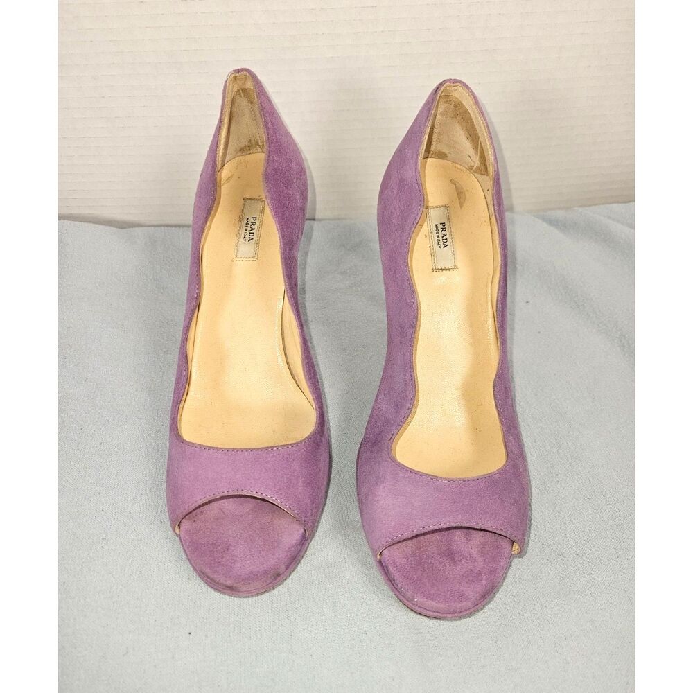 Prada Lilac Lavender Suede Scalloped Peep Toe Platform Pumps Heels EU36